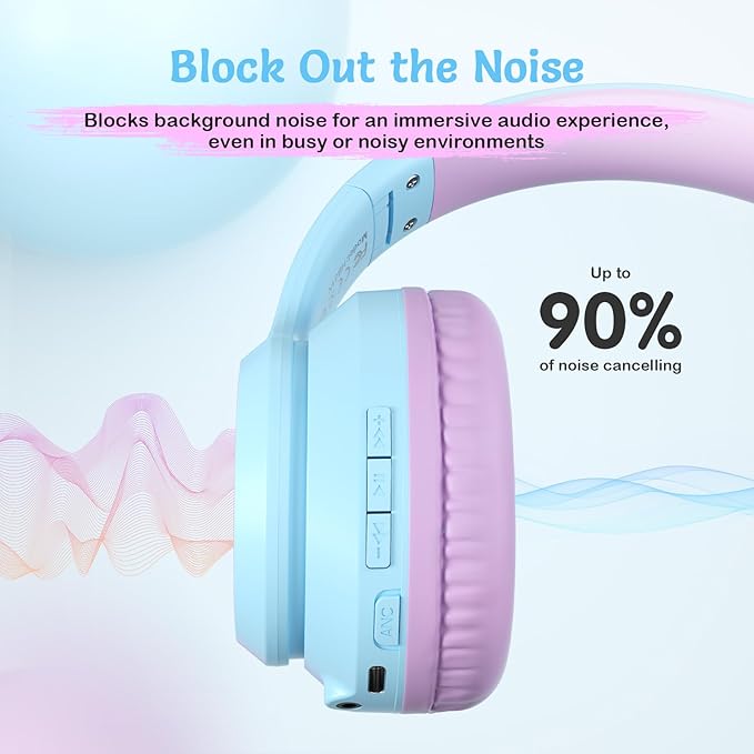 Active Noise Cancelling Headphones for Kids, 60H Playtime,Purple Wireless Bluetooth Over-Ear Headset Built-in Microphone for Home/School/Travel/Party - Includes Portable Case-CubbioJoy