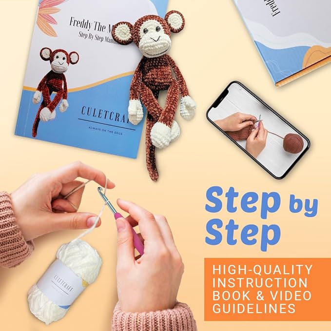 CULETCRAFT Crochet Kit for Beginners Adults, Freddy The Monkey DIY Crochet Animal Kit for Beginners, Learn to Crochet with Step-by-Step Instruction Book, Beginner Crochet Kit for Adults and Kids-CubbioJoy