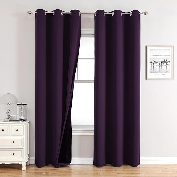 ChrisDowa 100% Blackout Curtains for Bedroom with Black Liner, 2 Thick Layers Total Blackout Thermal Insulated Grommet Window Curtains 2 Panels Set (Royal Purple, 42 x 84 Inch)-CubbioJoy