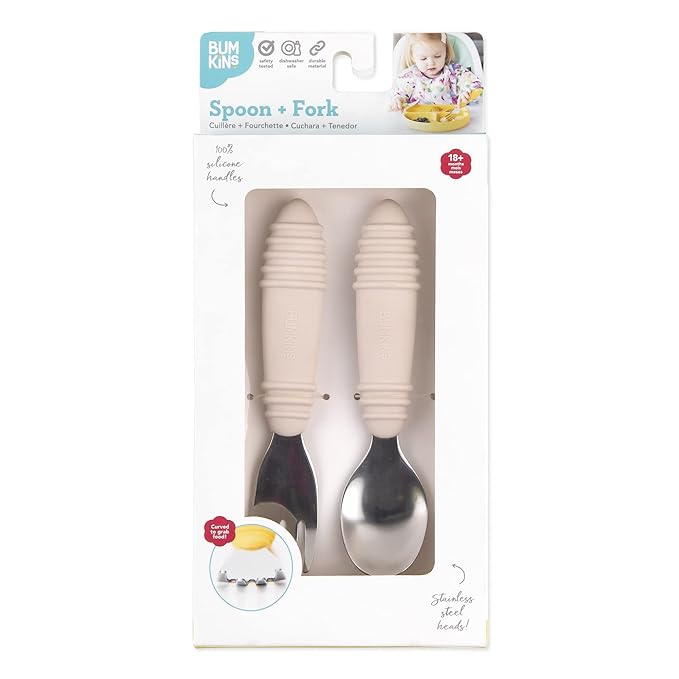 Bumkins Toddler Utensils, Kids Size Fork and Spoon Set, Silicone and Stainless-Steel Training Silverware, Angled Forks/Sporks for Self-Feeding, Children Hold Learning to Eat, 18 Mos Up, Sand Beige-CubbioJoy