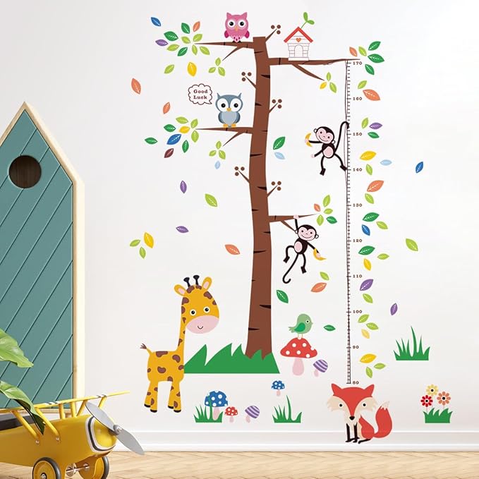 3D Cartoon Animal Height Growth Chart for Kids Wall Stickers Removable DIY Trees and Leaves Wall Stickers Vinyl Flowers Plants and Mushrooms Wall Art Decor for Nursery Kids Bedroom Living Room-CubbioJoy