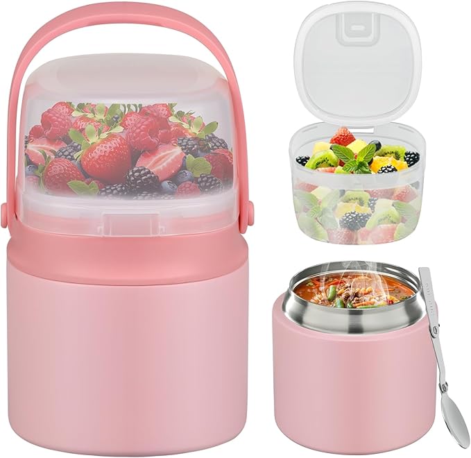 2 - in - 1 Soup Thermo for Hot Food 14oz with Snack Box Container Leak Proof Insulated Lunch Container Kids and Adults Stainless Steel Double Wall Vacuum Wide-mouth Thermal with Spoon and Handle-CubbioJoy
