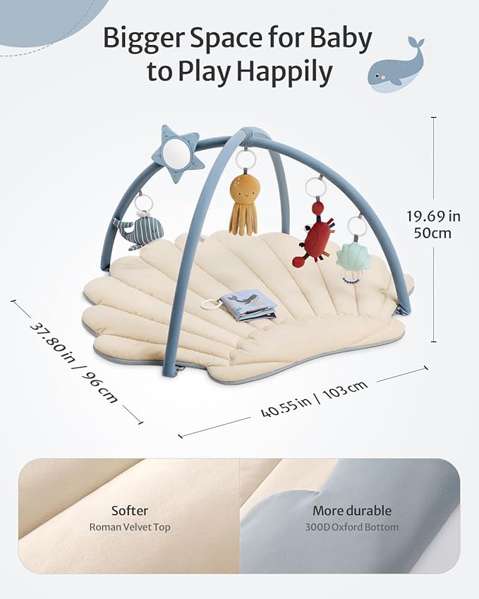 Blissful Diary Shell Baby Play Gym Mat, Softer & Enlarged Tummy Time Mat w 6 Detachable Toys for Sensory & Motor Skill Development, Activity Mat for Newborn Essentials Shower Gift, Boho Ocean Theme-CubbioJoy