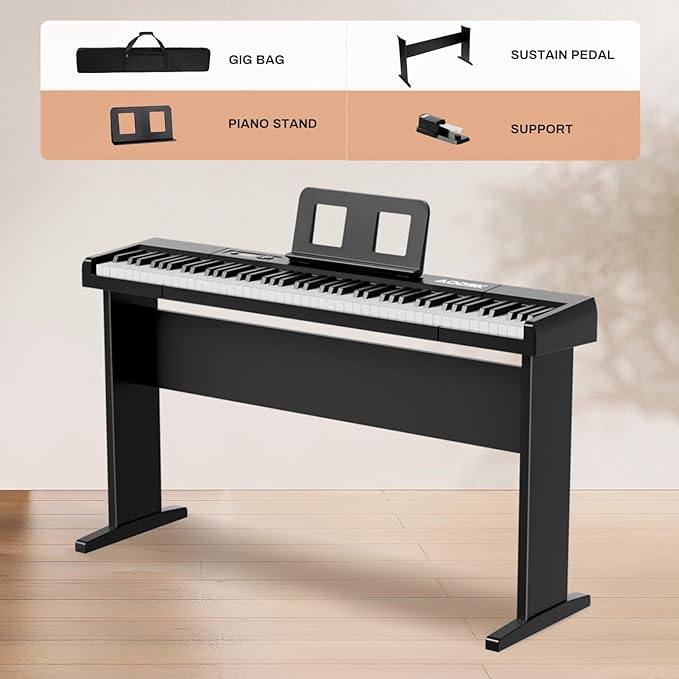 Aodsk 88 Key keyboard piano, Portable Digital Piano with Wooden stand Set for Beginners,128 Tone,128 Rhythm, 20 Demo Song, with Sustain Pedal, Carrying Case, Complimentary Online Piano Lessons-CubbioJoy