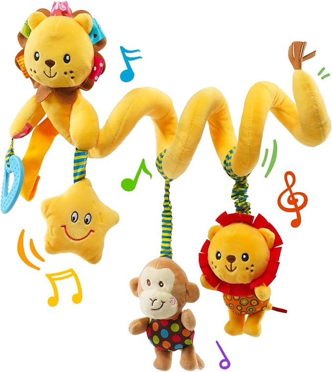 Jollybaby Crib Stroller Car Seat Toys for Baby 0-3-6-9-12 Months, Tummy Time Hanging Sensory Toys for Newborn with Music Box and Teether, Spiral Carseat Toy for Infant Boys Girls Gifts (Little Lion)-CubbioJoy