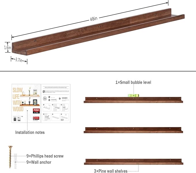 AZSKY Floating Wood Wall Shelves Light Walnut 48 Inch Long Hanging Picture Photo Ledge Shelf Rustic Modern Narrow Shelves for Wall Decor Storage and Display Nursery Book Shelves a Set of 3-CubbioJoy