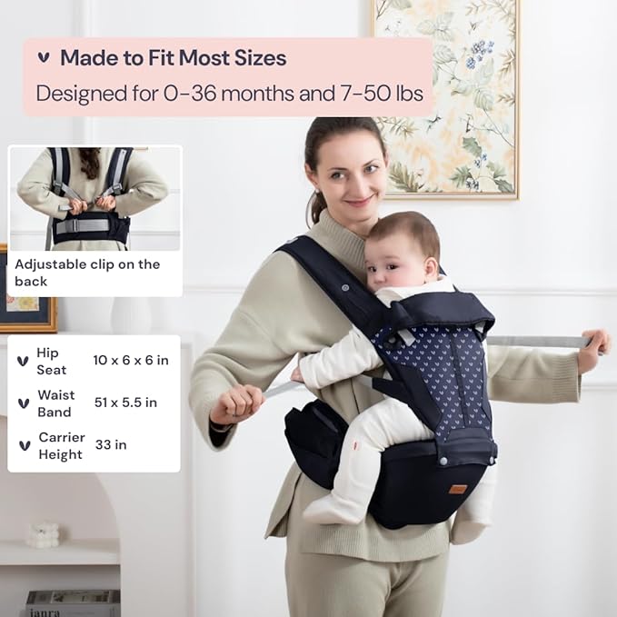 BabbleRoo Grow Carrier – Safety-Certified 6-in-1 Baby Carrier with Hip Seat, Ergonomic & Adjustable Toddler Carrier 7-50 lbs with Hip Support, Hood for Sun Protection, Newborn to Toddler, Navy Hearts-CubbioJoy
