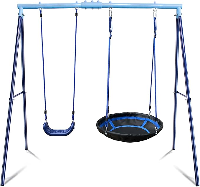 2 Seat Swing Set for Backyard - Metal A-Frame Holds 440 lbs, 1 Adjustable Saucer Swing and 1 u-Shape Swing - Suitable for Kids 3-8 Years-CubbioJoy