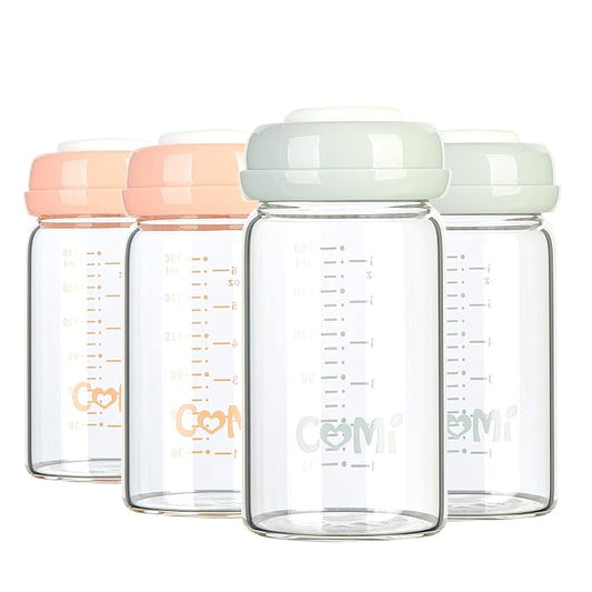 COMI Wide Neck Glass Breastmilk Collection n Storage Bottle, 4 Packs, 6oz with Screw Ring Sealing Disk; Re-markable Sealing Disc. BPA Free, Fits Breast Pumps & Nipples (2 Gray Lids + 2 Pink Lids)-CubbioJoy