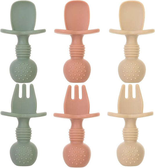 6 Pack Baby Spoons and Forks Set, Silicone First Stage Self Feeding Infant Toddler Utensils, BPA Free, Baby Led Weaning Feeding Supplies for Baby Essentials-CubbioJoy