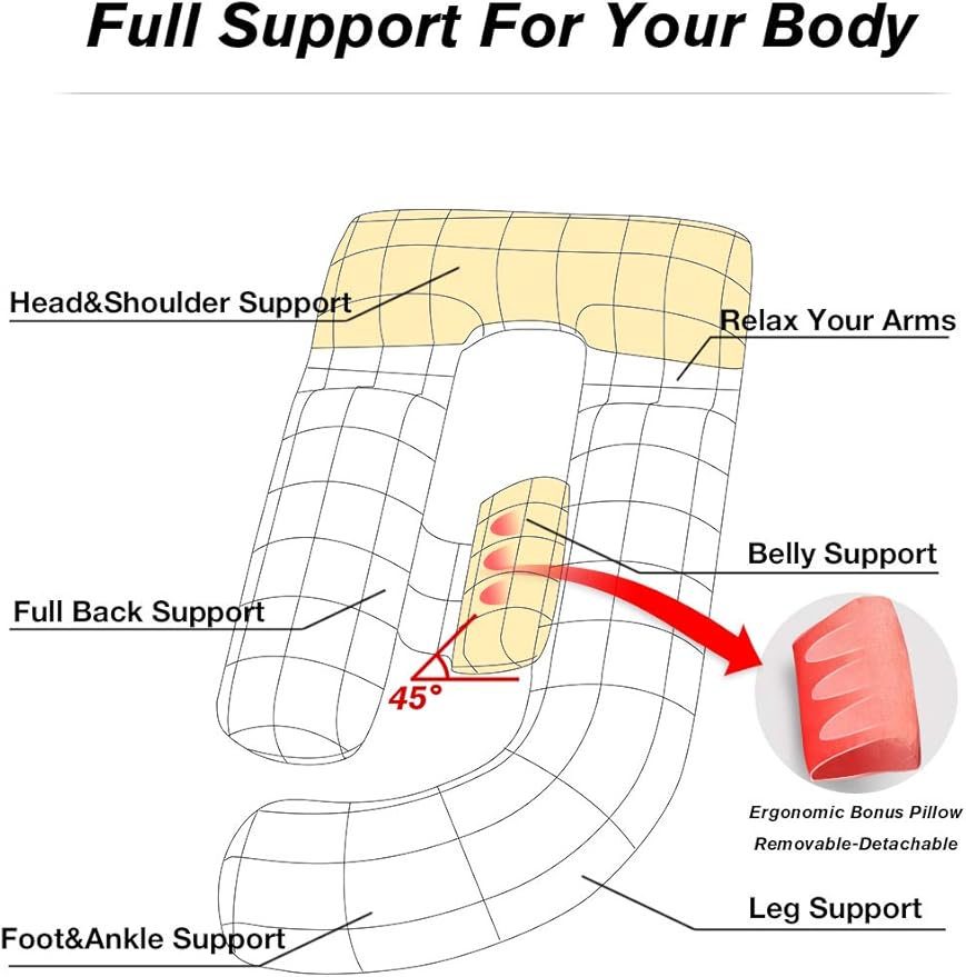 60in Full Body Pillow | Nursing, Maternity and Pregnancy Body Pillow | Awesling Extra Large U Shape Pillow and Lounger with Detachable Side, Separate Support Pillow and Removable Cover (Grey Blue)-CubbioJoy