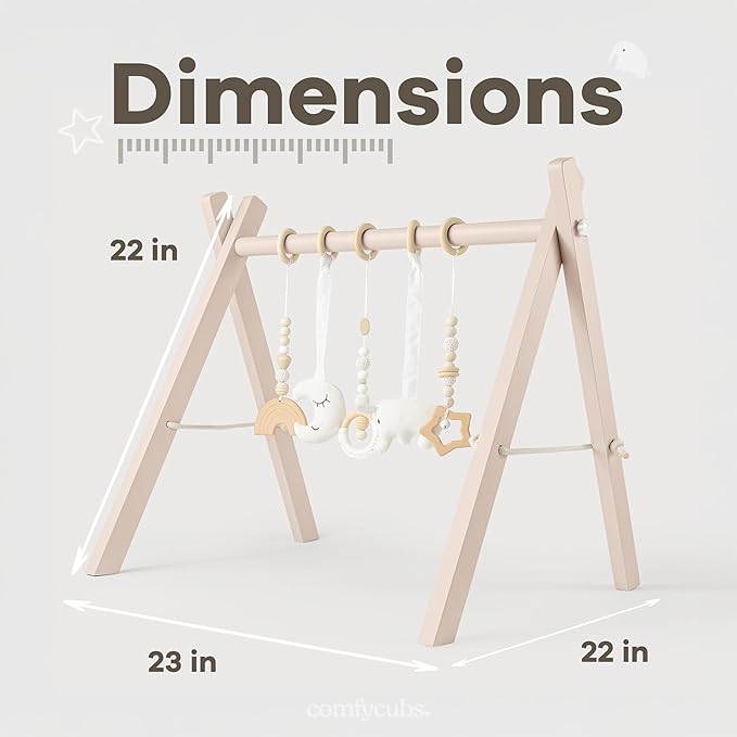 Comfy Cubs Wooden Baby Play Gym - Natural Finish Pinewood Baby Activity Gym with 5 Sensory Hanging Toys - Easy No-Tool Assembly, Safe and Durable for Infant Motor and Visual Development - Blush-CubbioJoy