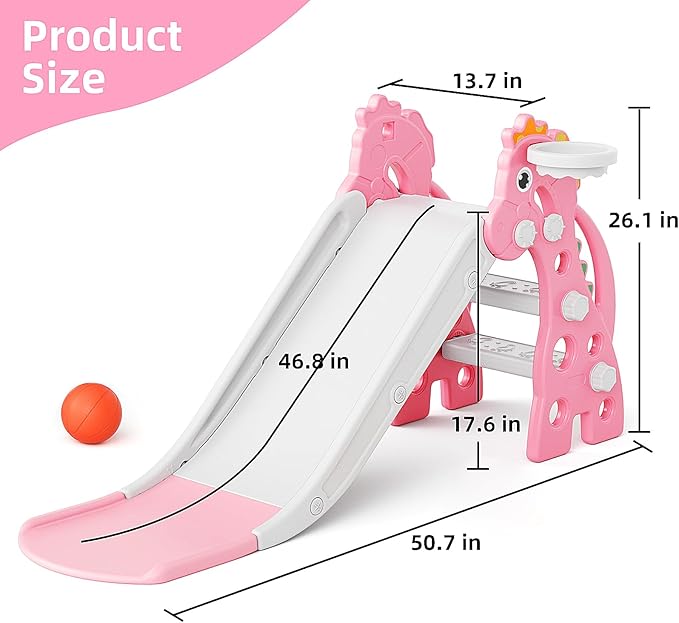 67i Toddler Slide for Indoor & Outdoor Play with Basketball Hoop, Anti-Slip Steps, 46.8in Baby Climber (Pink)-CubbioJoy