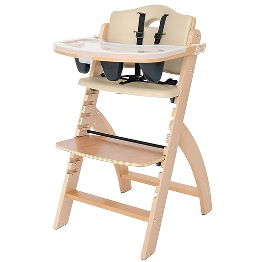 Abiie Beyond Junior Wooden High Chair with Tray - Adjustable and Convertible High Chair for Babies and Toddlers - 6 Months to 250 Lb - Water Resistant - Natural Wood with Beige Cushion-CubbioJoy
