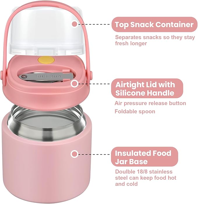 2-in-1 Insulated Food Jar & Snack Container - 15oz Kids Soup Thermos for Hot Food with Handle and Spoon, Leak Proof Reusable Toddler Snack Box, Perfect for School & Travel, Pink-CubbioJoy