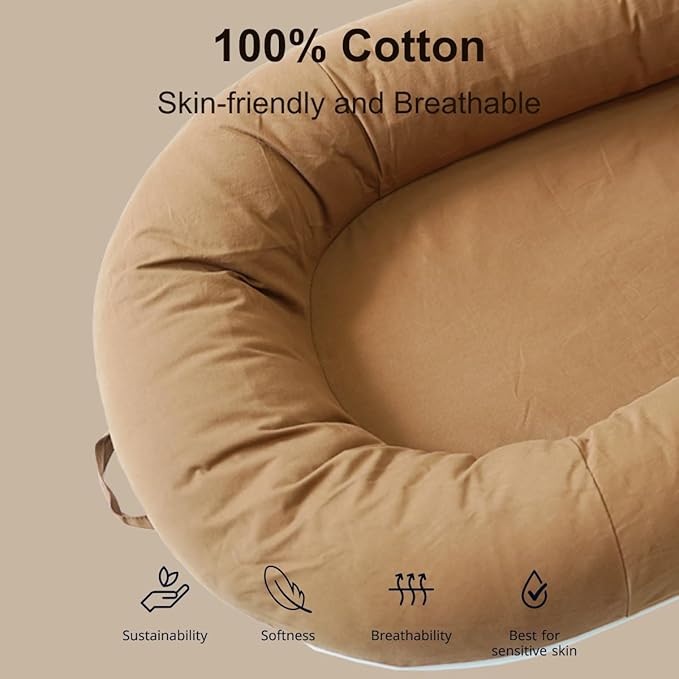 Deluxe Infant Lounger, Baby Nest Cover for Baby Girls & Boys, Newborn Essentials for Baby 0-12 Months, 100% Cotton (GoldenBrown)-CubbioJoy