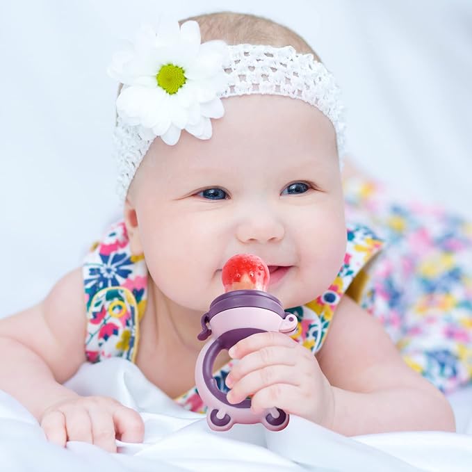Baby Solids/Frozen Fruit Feeder Pacifier, Infant Teether Toy 4M+, BPA-Free Silicone Pouch & Nipple, Safely Introduce Solids, Teething Relief, 2-Pack (Bear - Purple Pink White, S/M/L)-CubbioJoy