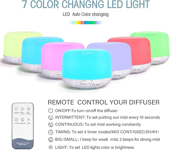 Aromatherapy Diffuser for Essential Oil, 300ml Cool Mist Humidifier with Remote Control, Aroma Diffusers for Home with Waterless Safety Switch & 14 LED Colors-CubbioJoy