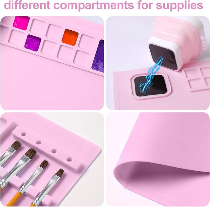 AWOKE Silicone Painting Mat for Table Protection - 20"X16" Washable Art Mat with 1 Water Cup for Kids - Craft Mat has 12 Color Dividers - 2 Paint Palettes (Pink), Toddler Activities, Girl Boy Gifts-CubbioJoy