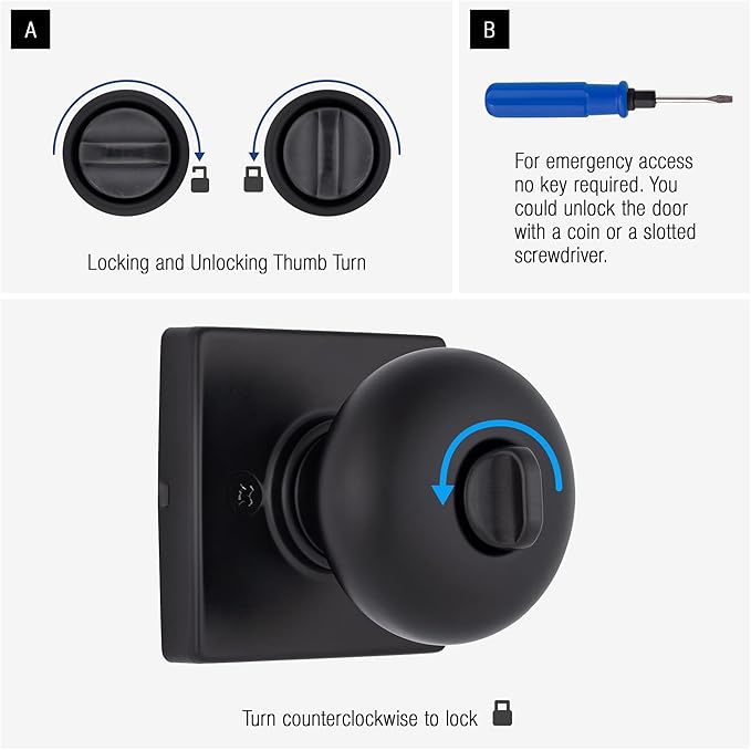 BRINKS – Contemporary Privacy Locking Interior Ball Door Knob, Matte Black - Designed for Sleek and Modern Homes and Blends Seamlessly with Interior Décor (E2436-122) (8 Pack)-CubbioJoy