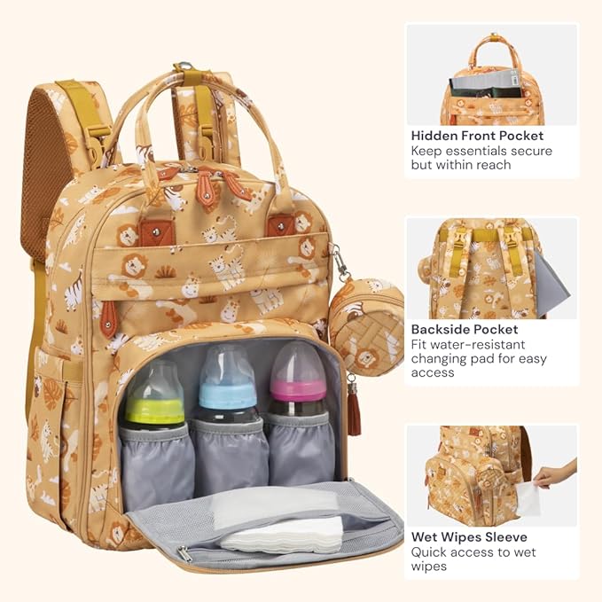 BabbleRoo Diaper Bag Backpack - Baby Essentials Travel Tote - Multi Function Water Resistant Diaper Bag, Travel Essentials Baby Bag with Changing Pad, Stroller Straps & Pacifier Case - Unisex, Safari-CubbioJoy