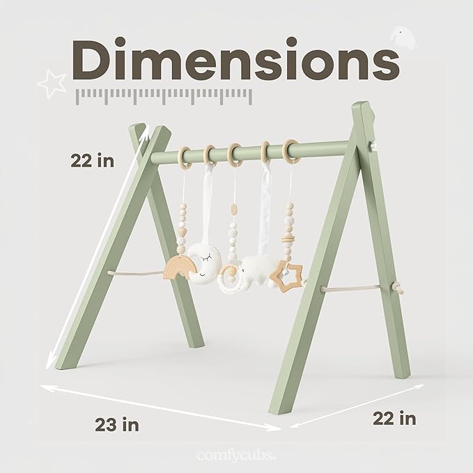 Comfy Cubs Wooden Baby Play Gym - Natural Finish Pinewood Baby Activity Gym with 5 Sensory Hanging Toys - Easy No-Tool Assembly, Safe and Durable for Infant Motor and Visual Development - Sage-CubbioJoy