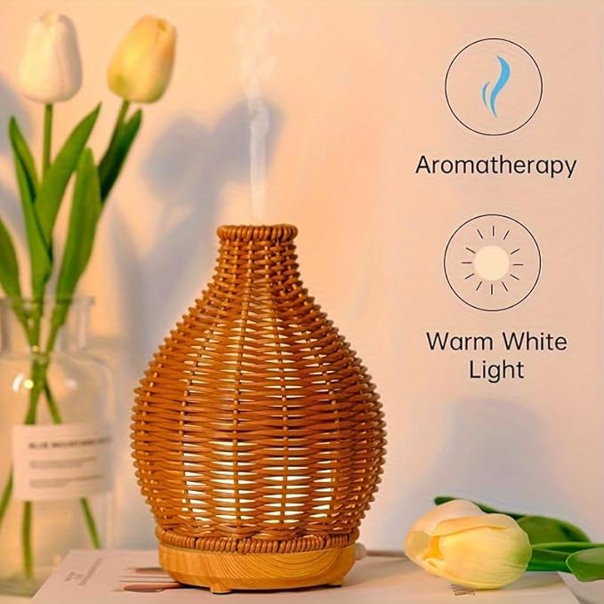 Aromatherapy Essential Oil Diffuser Rattan Woven Aroma Diffuser with Warm Light 80ML Cool Mist Humidifier Waterless Auto Shut-off for Home,Baby Bedroom,Office-CubbioJoy