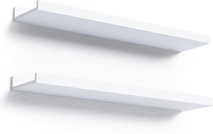 23.6 Inches Long Floating Shelves Wall Mounted, 2 Set Modern White Wall Shelf for Bedroom, Nursery Book Shelf with Lip, Picture Ledge Shelf for Wall Decor Living Room Bathroom Kitchen- White-CubbioJoy