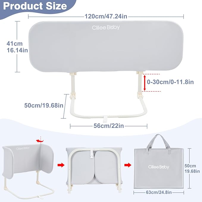 Ciilee Baby Bed Rail for Toddlers Portable Travel Kids Beds Guard Rails for Queen Bed Foldable Children Side Railing for Twin Beds Adjustable Bedrail Barandas para Camas de Niños（Grey,48in-CubbioJoy