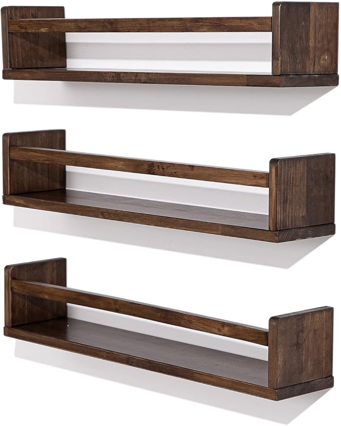 AZSKY Nursery Book Shelves 24 in Set of 3 Walnut Floating Bookshelf for Kids Room Wall Mounted Floating Shelves Solid Nursery Bookshelf Perfect Decor for Kitchen Bedroom Living Room-CubbioJoy
