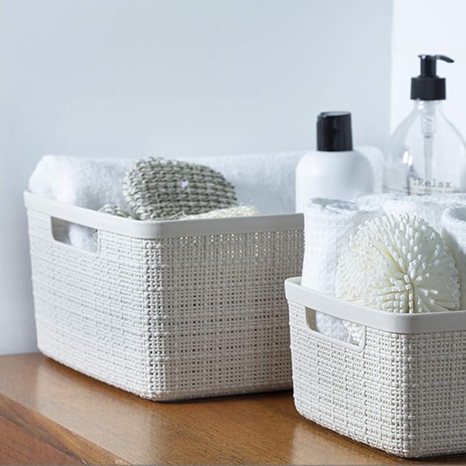 Curver Set of 6 Jute Medium Decorative Plastic Organization and Storage Baskets, Perfect Bins for Home Office, Closet Shelves, Kitchen Pantry and All Bedroom Essentials, White-CubbioJoy
