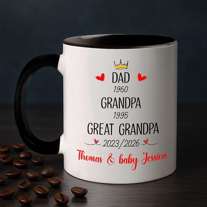 Dad Grandpa Great Grandpa EST 2026 Coffee Mug 11 15 Oz, Novelty Accent Ceramic Cup Gift For Pregnancy Announcement, Customized Choose Year & Name White Coffee Cup New Great-Grandfather Grandad Pawpaw-CubbioJoy