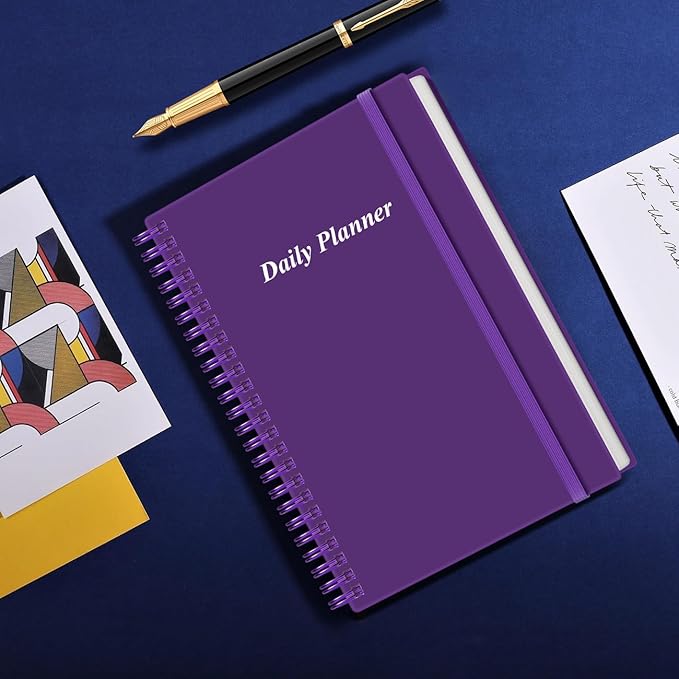 Daily Planner Undated - A5 To Do List Notebook Hourly Schedules, Spiral Appointment Planner for Women and Men, PVC Hardcover, Inner Pocket, Elastic Closure, 5.8" x 8.3", Purple-CubbioJoy