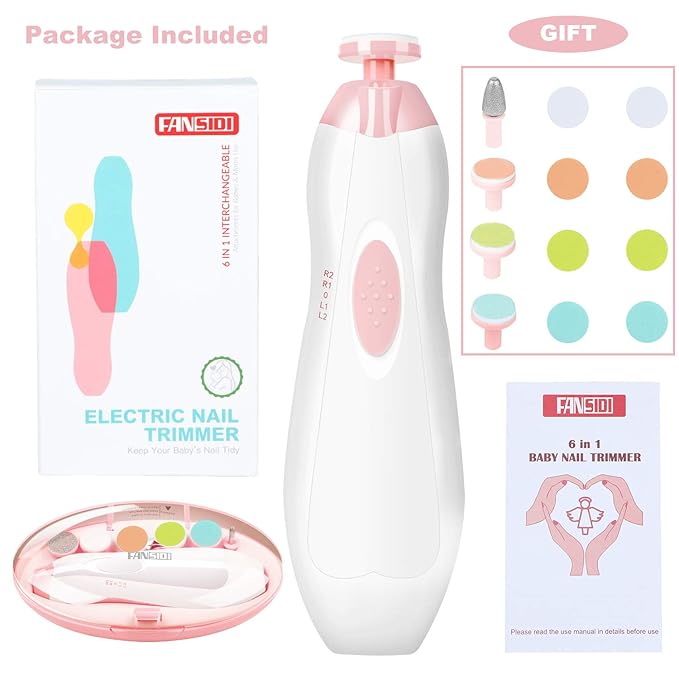 Baby Nail Trimmer Electric, FANSIDI Baby Nail File Infant Nail Clippers with 10 Grinding Pads 8 Sandpapers for Newborn Infant Toddler or Adults Toes Fingernails Care - AA Battery Operated (White/Pink)-CubbioJoy