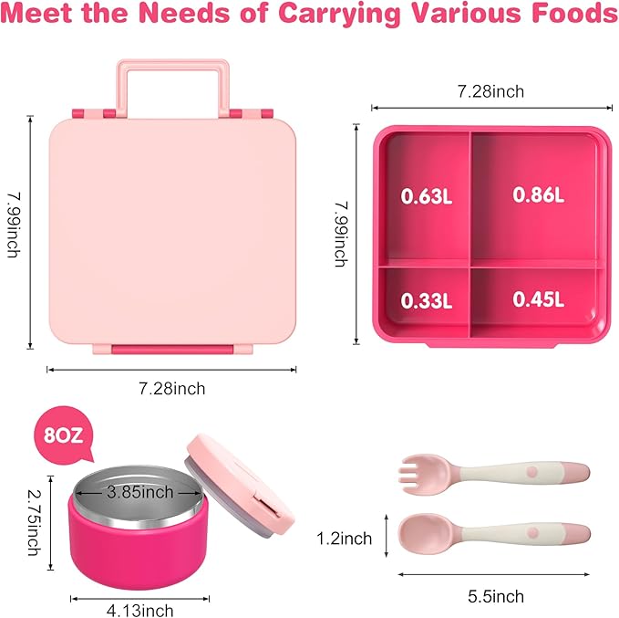 Bento Lunch Box with 8oz Soup Thermo, Kids Leakproof Lunch Food Containers with 4 Compartment, Kids Thermo Insulated Hot Food Jar for School, Trvael - (Pink)-CubbioJoy