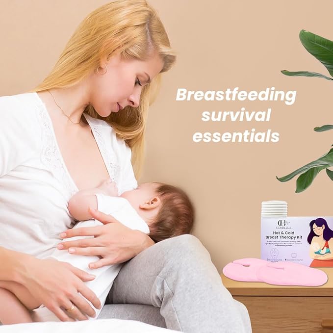 2 Larger Breast Ice Packs with Soft Covers and 6 Breast Pads for Leaking Milk, Hot and Cold Breast Therapy Packs, Breastfeeding Essentials for Relief of Clogged Ducts, Nipple Pain, Engorgement(Pink)-CubbioJoy