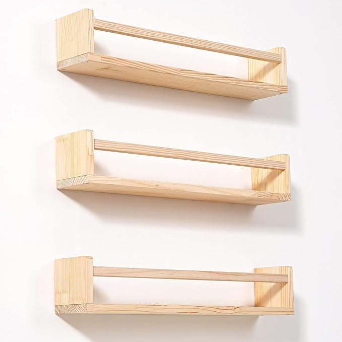 AZSKY Nursery Book Shelves 24 Inch Rustic Natural Wood Floating Shelves,Wall Book Shelves for Farmhouse,Bathroom Décor,Kitchen Spice Rack or Book Shelf Organizer for Home Décor,a Set of 3 Same Sizes-CubbioJoy