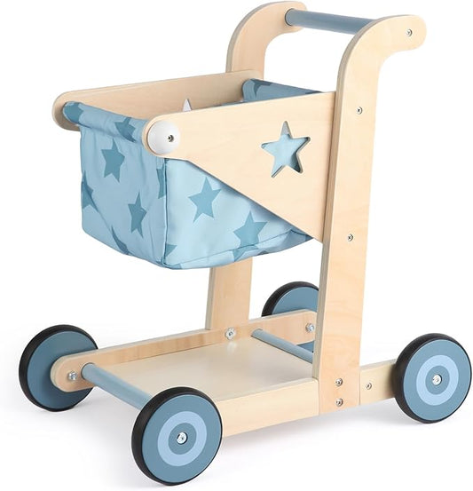 Asweets 2 in 1 Wooden Baby Walker Push and Pull Doll Stroller, Shopping Cart Learning Walker for Boys and Girls, Sit Stand Learning Toddler Toy (Blue)-CubbioJoy