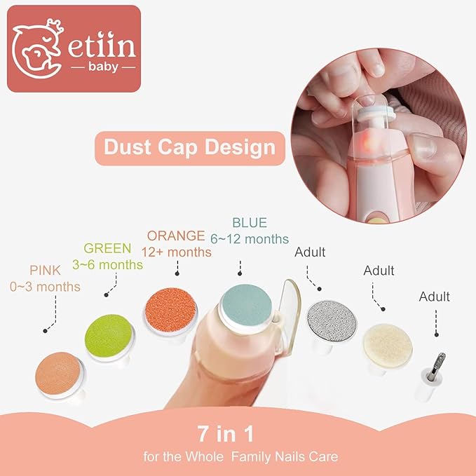 Baby Nail Trimmer Electric | Safe + Easy Baby Nail Trimmer, Baby Nail Clippers + Nail Filer Buffer, Trim Polish Grooming kits for Newborn Toddler or Adults’ Nails, 7 Grinding Heads and LED Light-CubbioJoy