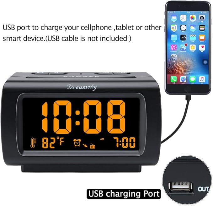 DreamSky Alarm Clock Radios for Bedrooms with Battery Backup, Large Big Numbers with Brightness Dimmer, USB Port, Bedside Digital FM Radio with Sleep Timer, Temperature, Adjustable Volume, Snooze-CubbioJoy