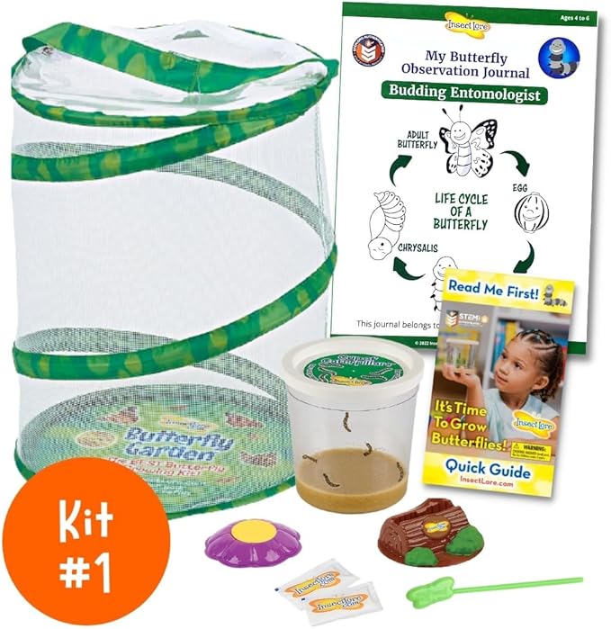 Insect Lore Bug Camp Bundle - Butterfly Kit with 5 Live Caterpillars, Ladybug Land with 1 Tube Live Larvae, Ant Mountain with 1 Tube Live Western Harvester Ants - Bonus Life Cycle Figurines & More-CubbioJoy