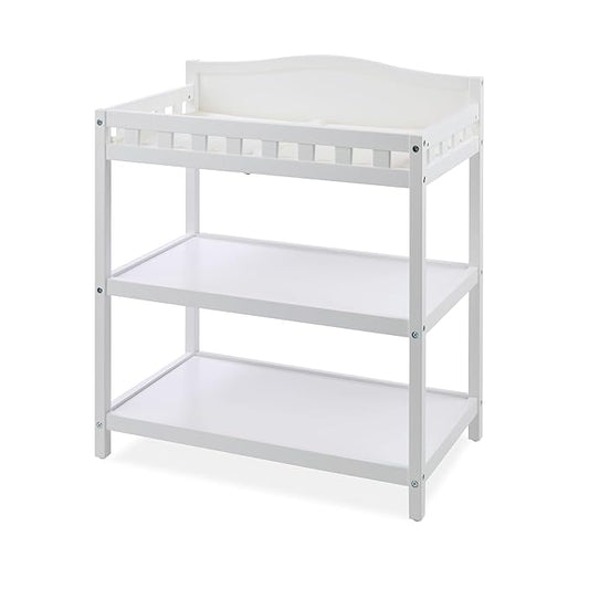 Badger Basket Baby Changing Table with Pad & Shelves - Wooden Changing Table with Storage - Nursery Change Table for Diapers & Baby Essentials, White-CubbioJoy
