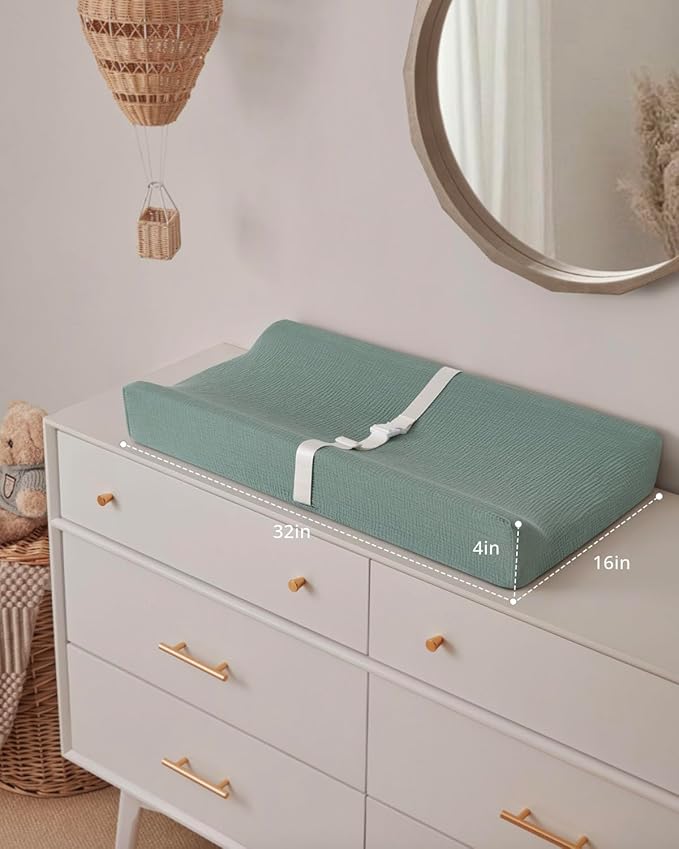 Blissful Diary Muslin Baby Changing Pad with Waterproof Lining Foam, Diaper Changing Table Pad with Cover for Dressers (Roman Green, Rectangular)-CubbioJoy