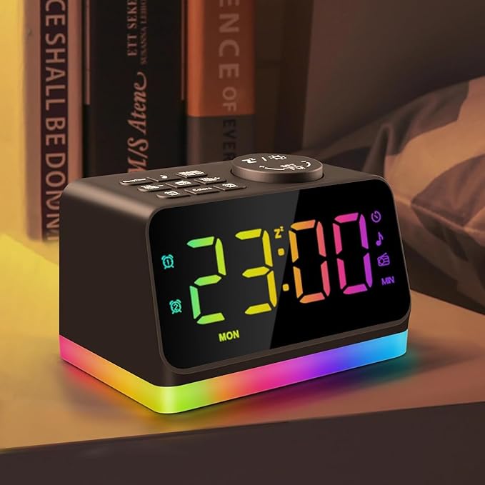 JALL Digital Alarm Clock with FM Radio for Bedroom, 8 Colors Night Light with Charging Port, Sleep Sound Machines with Timer, Dual Alarm (Black with RGB Font)-CubbioJoy
