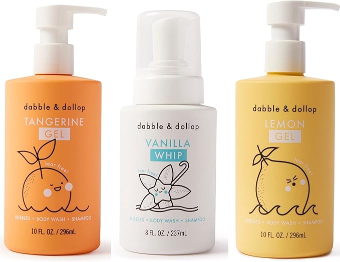 Dabble & Dollop Citrus Kiss Bundle, Natural Bubble Bath, Body Wash & Shampoo for Kids, USA-made, Paraben & Sulfate Free, Vegan, Gluten-Free, Tear-Free, Tangerine, Vanilla, Lemon (Set of 3)-CubbioJoy