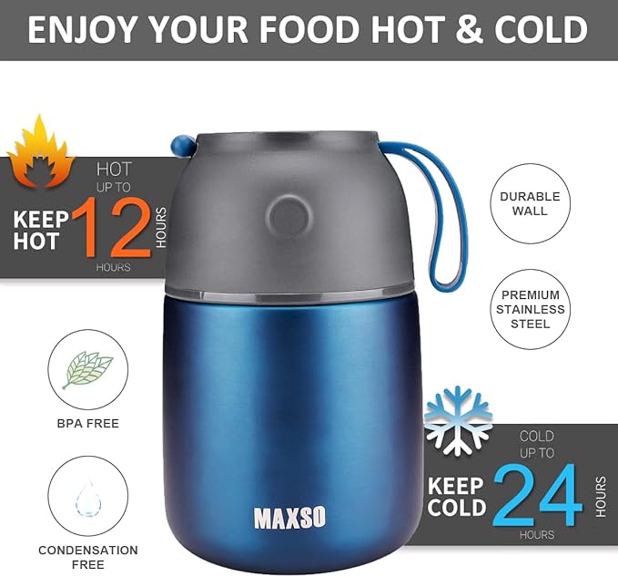 Insulated Thermo Food Jar for Hot & Cold Food for Kids Adult, 17&24 oz Soup Thermal Hot Food Containers for Lunch, Triple Layer Insulation Stainless Steel Food Jar with Spoon (2 Pack Blue)-CubbioJoy