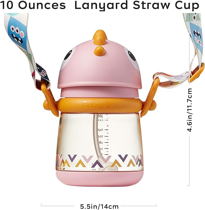 bc babycare Straw Sippy Cups for Toddler, No Spill Sippy Cups for Baby 1+ Year Old, Transition Weighted Sippy Cup with Straw and Strap, 10oz/300ml, Pink-CubbioJoy