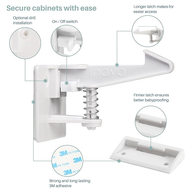 Inaya Cabinet Locks Child Safety Latches - Baby Proofing Cabinets & Drawers Locks - Child Proof Your Home - No Drilling & No Tools Required! (12 Pack - Extended Length Version)-CubbioJoy