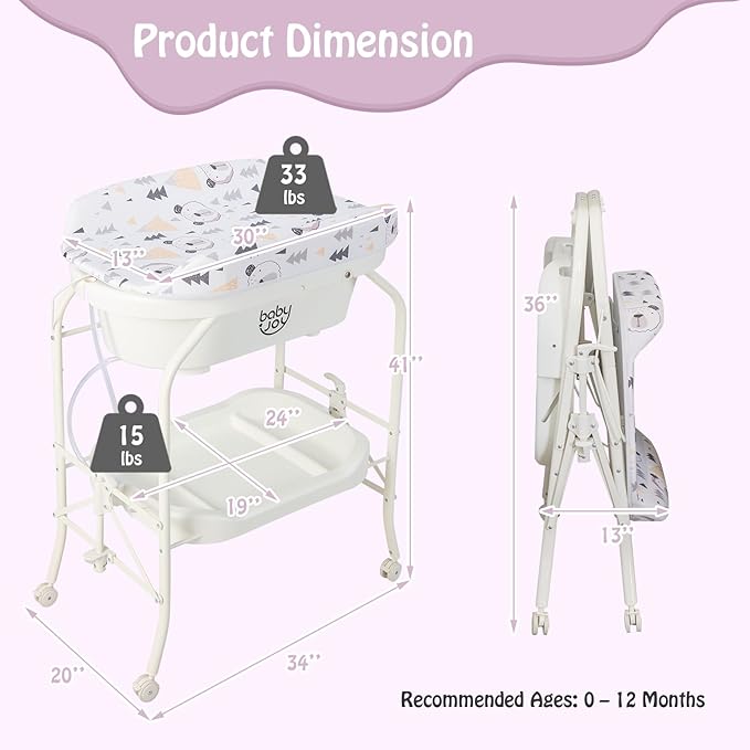 BABY JOY Baby Bathtub with Changing Table, Foldable Infant Diaper Changing Station with Storage Tray, Waterproof Pad, Portable Newborn Nursery Organizer Bath Stand with 4 Universal Wheels (White)-CubbioJoy