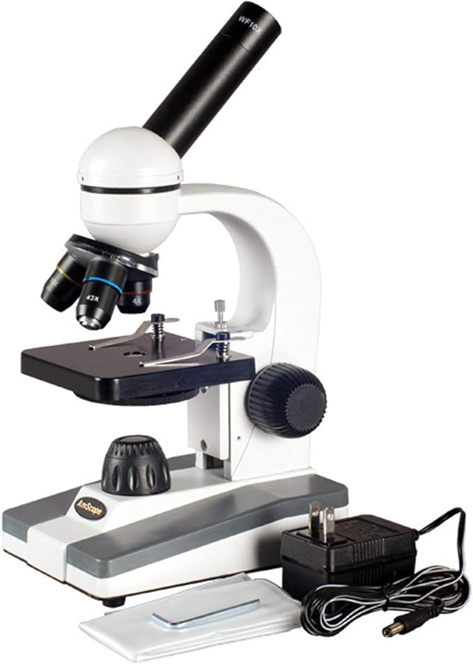AmScope M148 Compound Monocular Microscope, WF10x Eyepiece, 40x-400x Magnification, LED Illumination, Brightfield, Single-Lens Condenser, Plain Stage, 110V or Battery-Powered, White-CubbioJoy